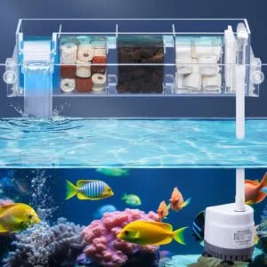 Transparent Acrylic Top Sump Filter Box With Pump & Filter Pad 5W 300L/HR , Bio Wheel (Filter Media Not Included) Can Hang on Back & Inside the Tank With Flow Adjuster